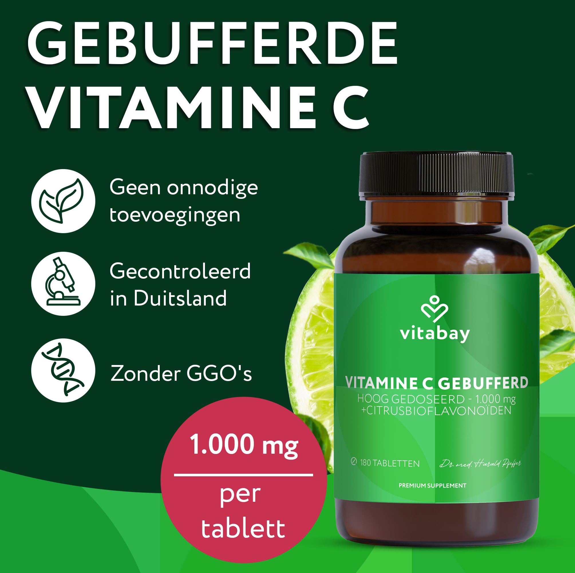 Vitabay Vitamine C 1000 mg fles, achterkant met informatie en vlaggen.