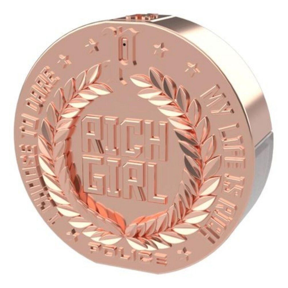 Ronde flacon met opschrift RICH GIRL. Roségouden design met lauwerkrans en sterren. Merk: POLICE.