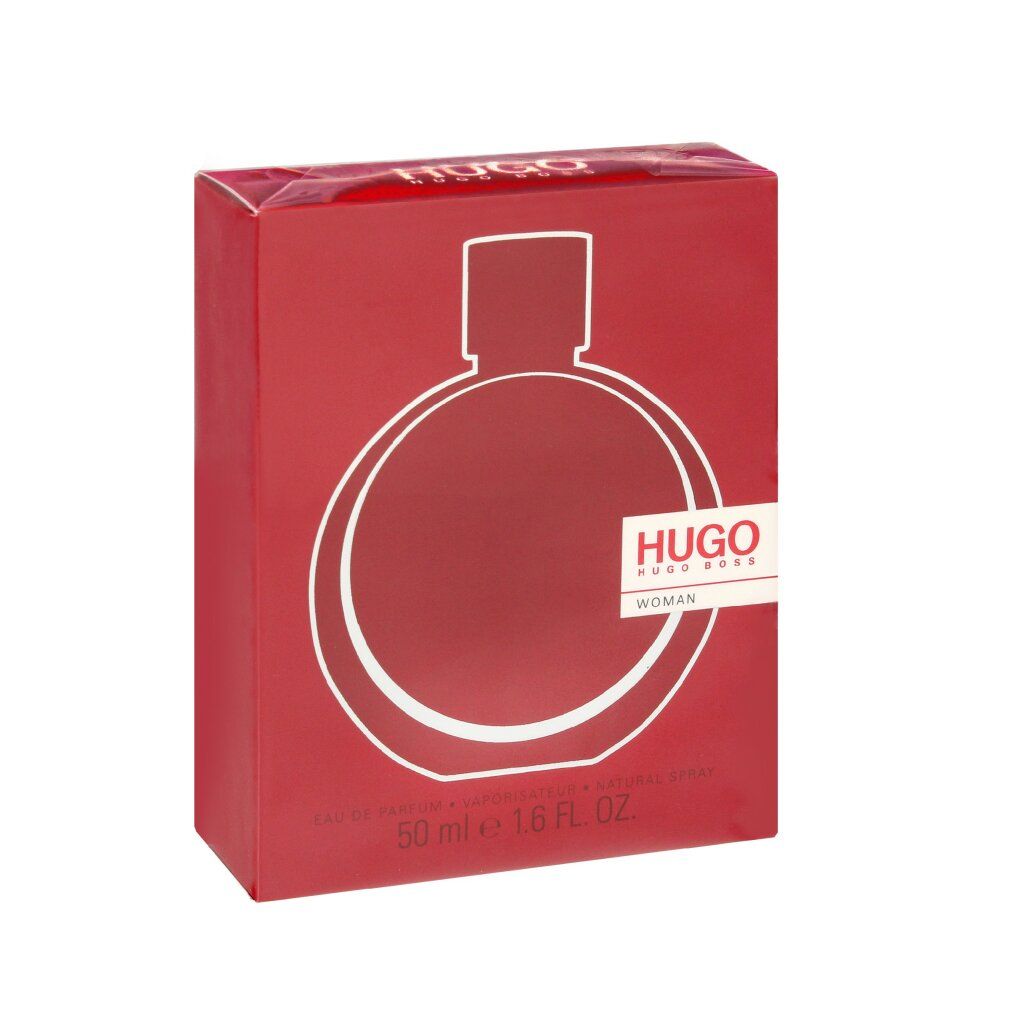 Rode rechthoekige doos met HUGO WOMAN logo. Illustratie van de fles. 50 ml.