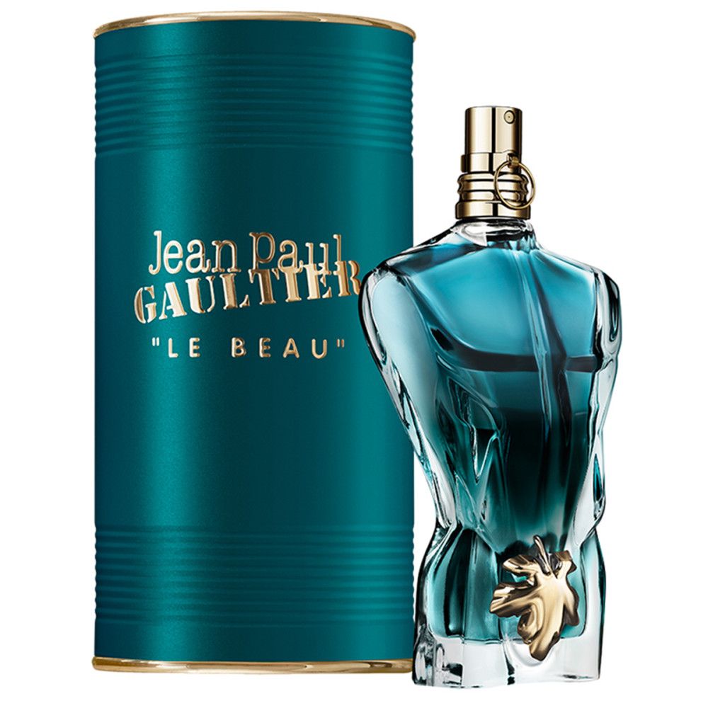 Blauwgroene torsofles met gouden sluiting en blad. Doos met opschrift: Jean Paul Gaultier, Le Beau.