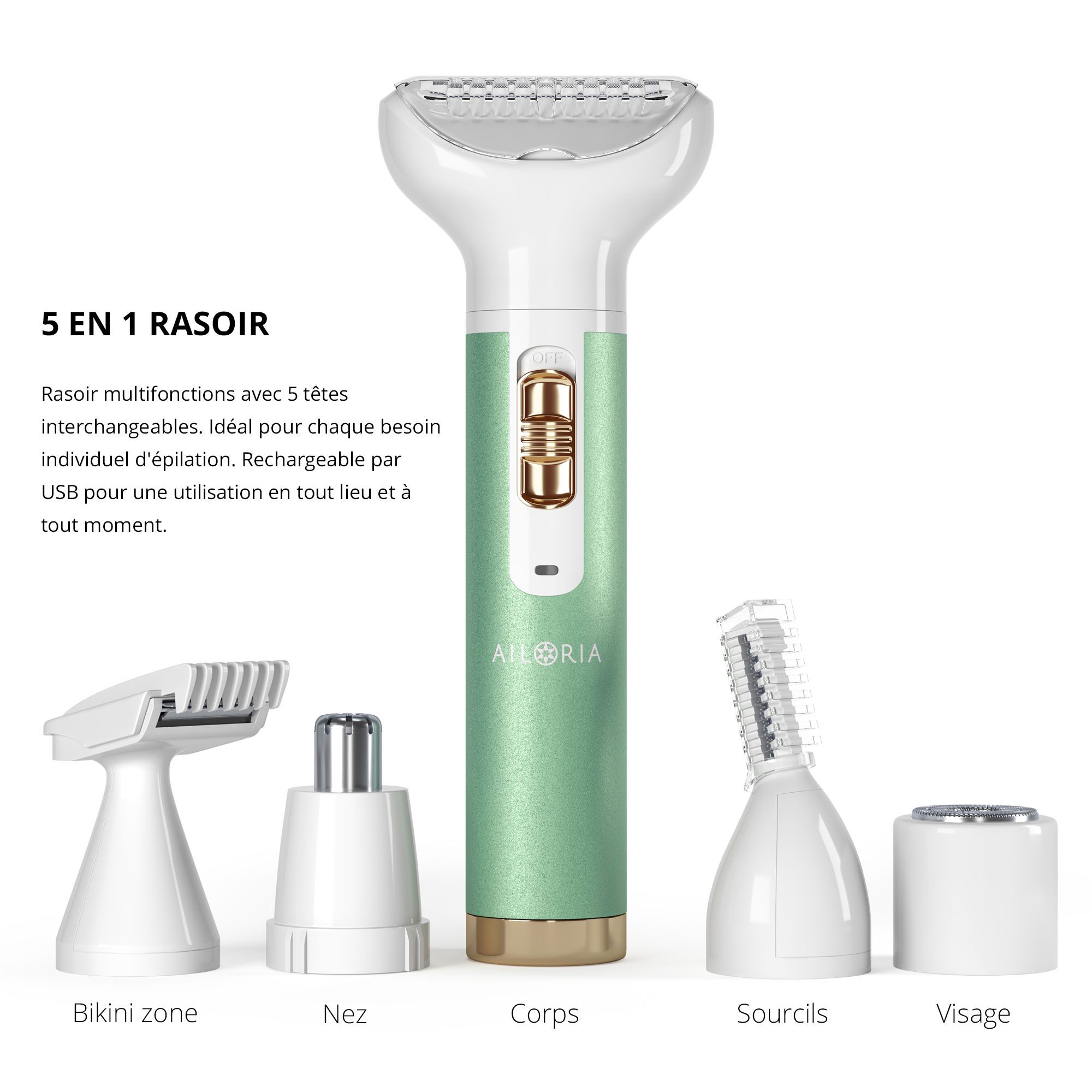 Rasoir avec accessoires. Design vert et blanc. Accessoires pour différentes zones du corps. Texte: 5 EN 1 RASOIR.