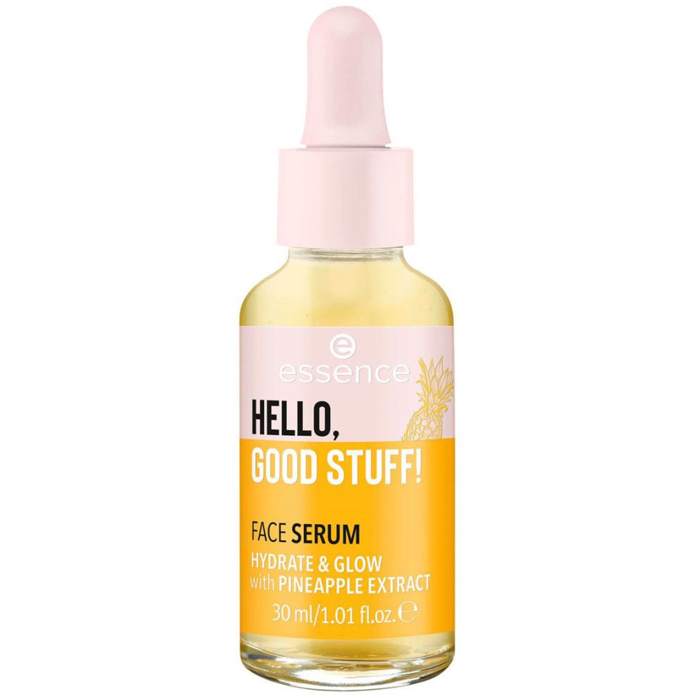 Gezichtsserumfles. Opschrift: essence, Hello, Good Stuff! Hydrate & Glow. Met ananas extract. 30 ml.