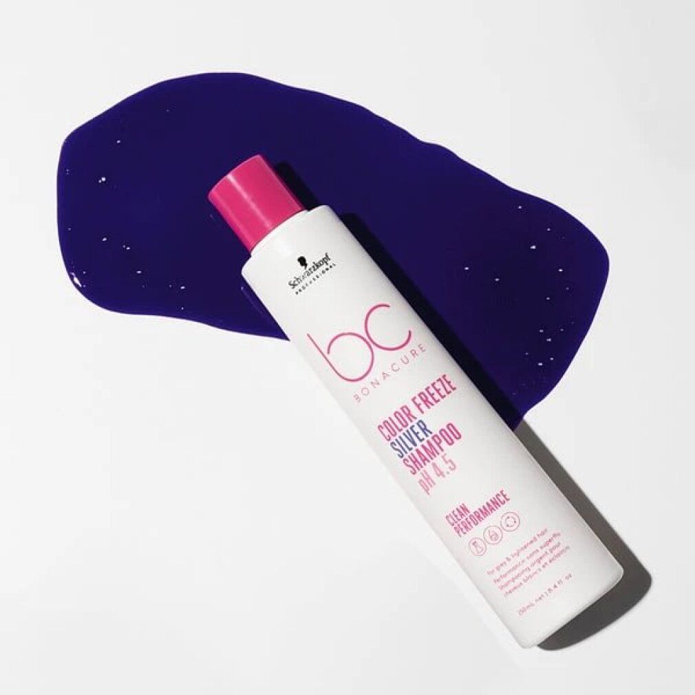 Wit shampoo met roze dop en paarse vloeistof. Opschrift: Schwarzkopf, BC Bonacure Color Freeze Silver Shampoo pH 4.5.