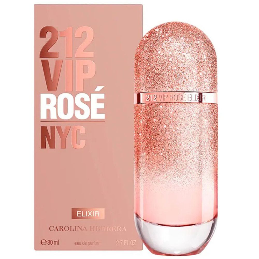 Flacon et emballage roses. Inscription: 212 VIP Rosé NYC, Élixir, Carolina Herrera.