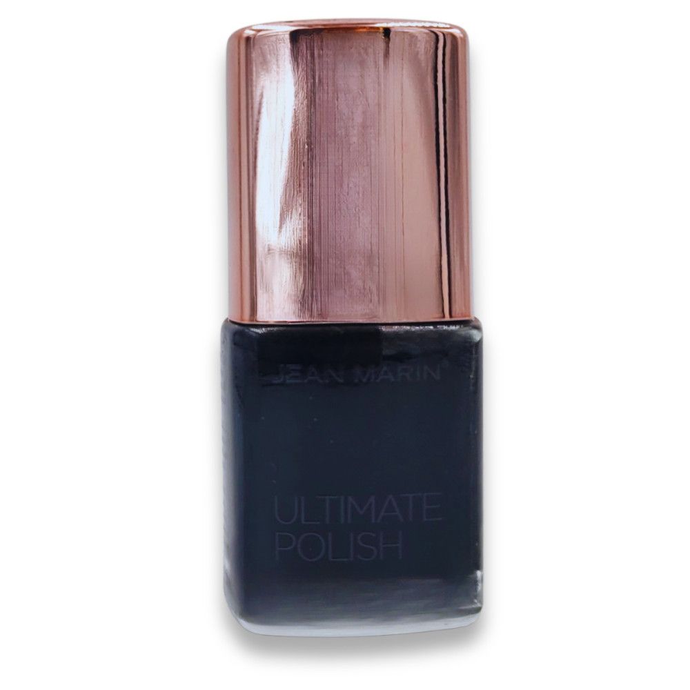Flacon de vernis à ongles avec bouchon or rose. Vernis à ongles noir. Nom du produit sur le flacon.