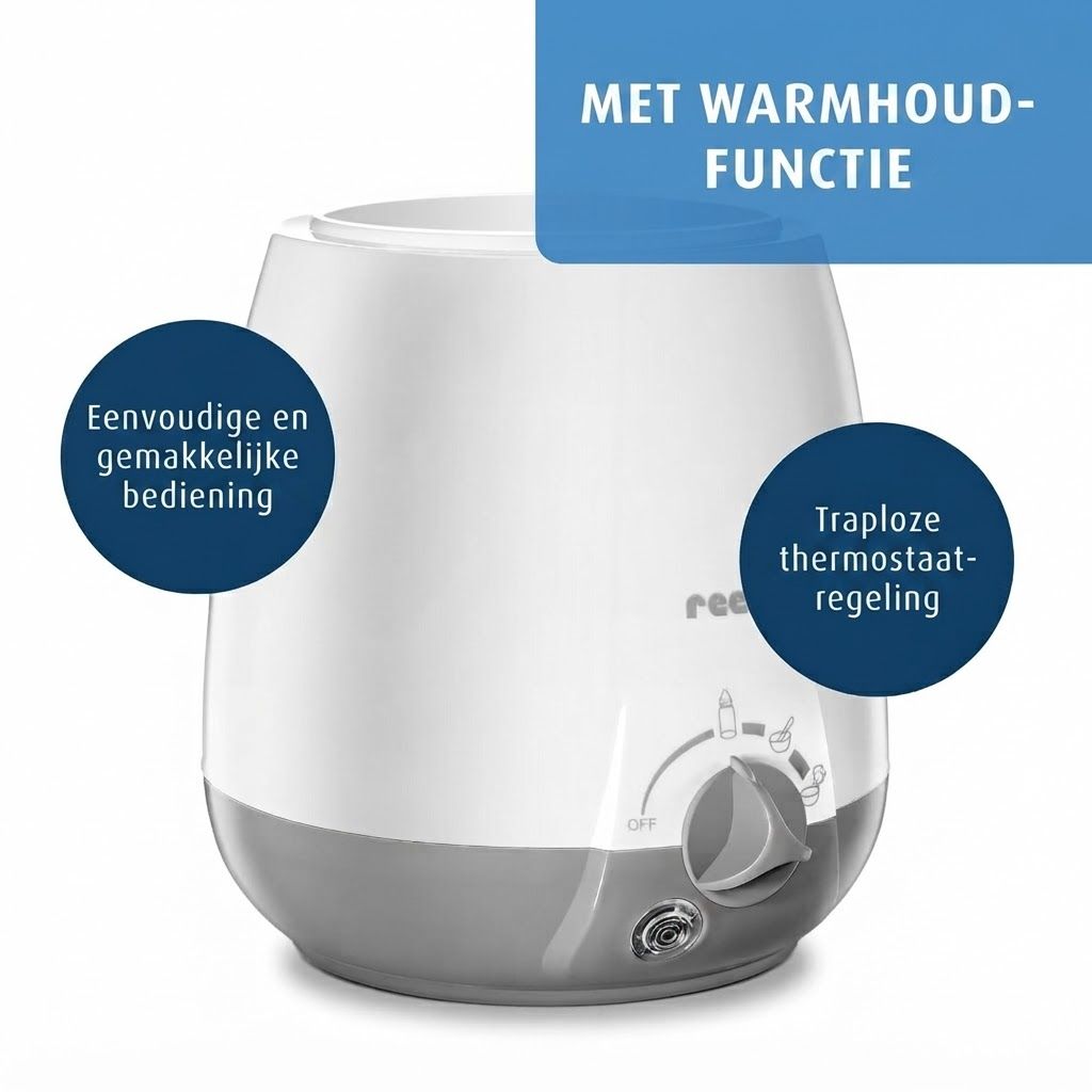 Witte en grijze flessenwarmer met warmhoudfunctie en traploze thermostaatregeling.