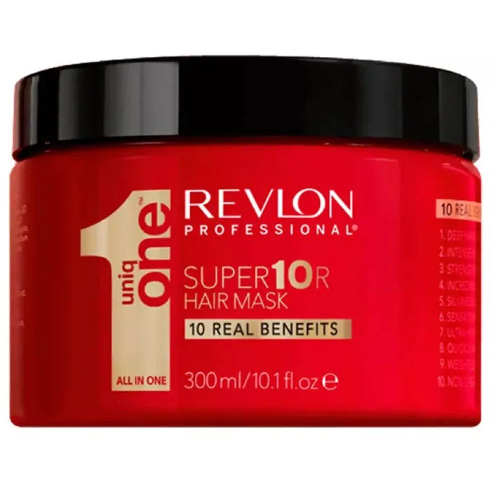 Pot rouge avec couvercle noir, Revlon Professional Uniq One Super 10R Hair Mask, 300ml.