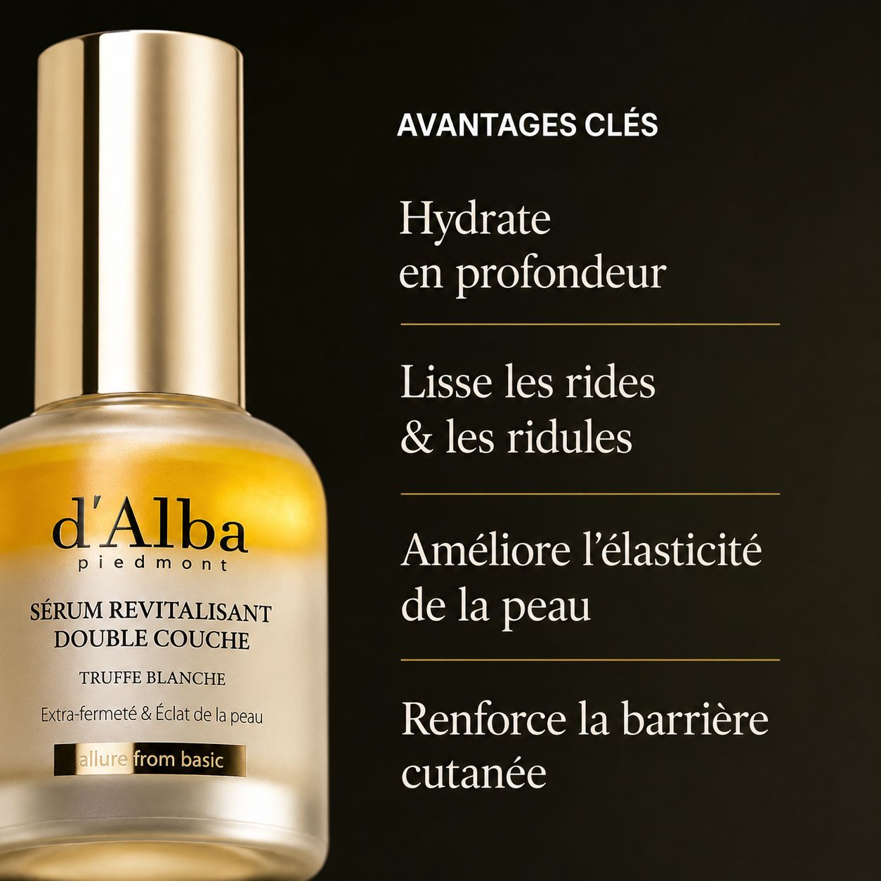 Flacon de Sérum Revitalisant Double Couche d'Alba Piedmont avec bouchon doré. Contient de la truffe blanche.