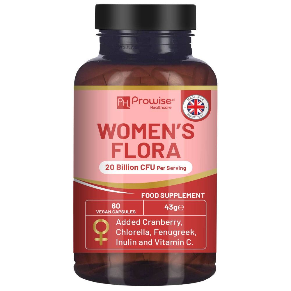 Bruine fles met roze etiket. Opschrift: Women's Flora, 20 miljard KVE. Bevat 60 veganistische capsules. Met cranberry, chlorella, etc.