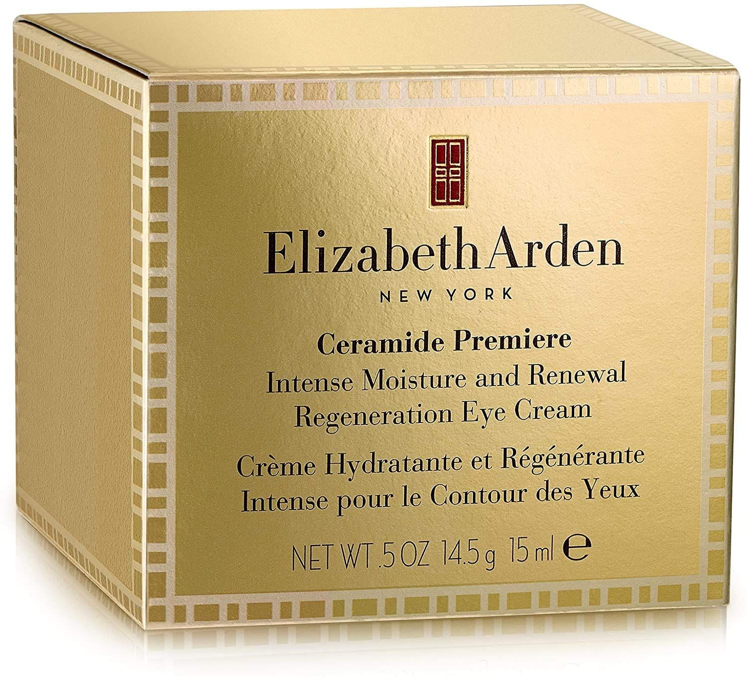 Boîte dorée avec informations sur le produit. Elizabeth Arden est écrit sur la boîte. Sur fond blanc.
