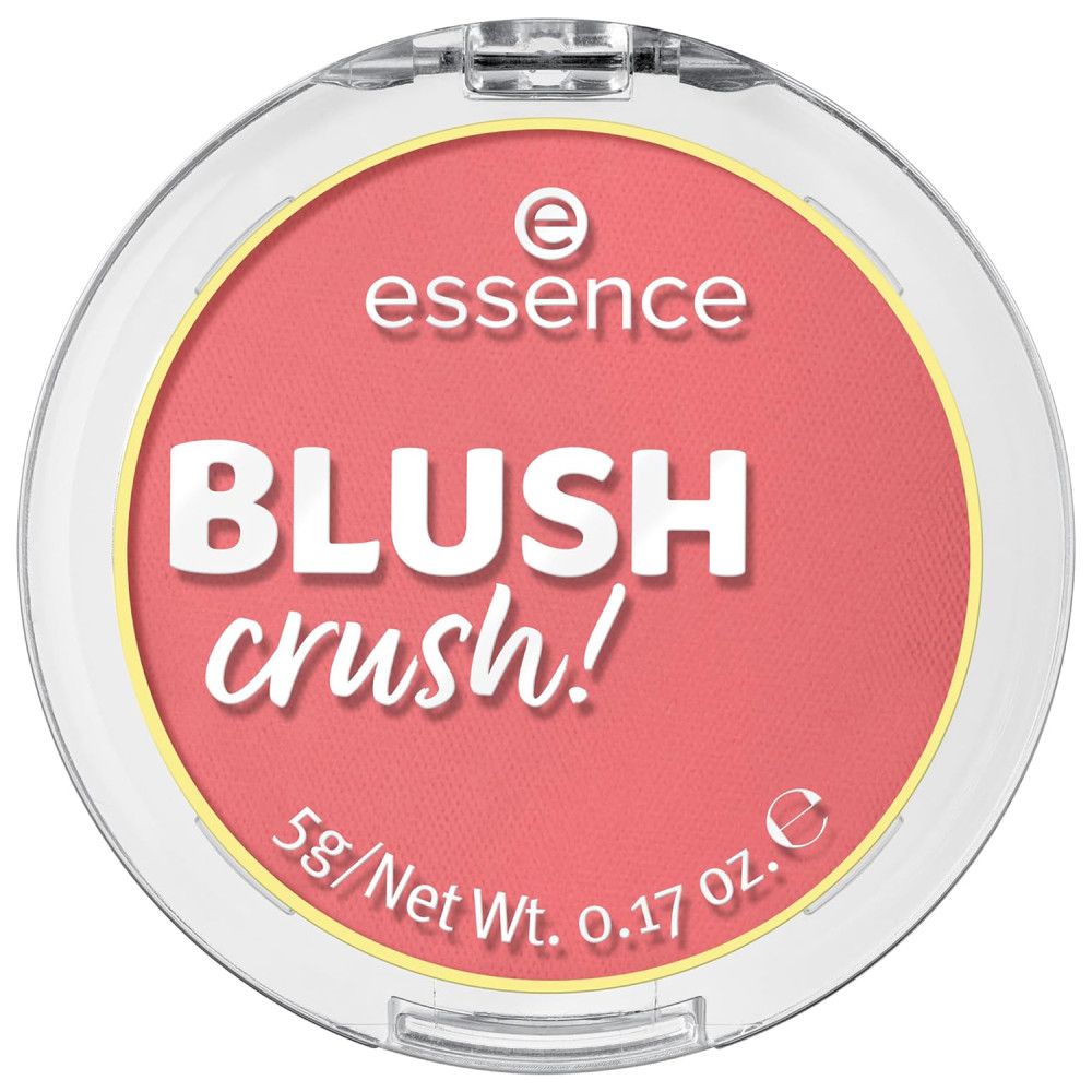 Roze blushpoeder in een transparante verpakking. Opschrift: Essence, Blush Crush!, 5g.