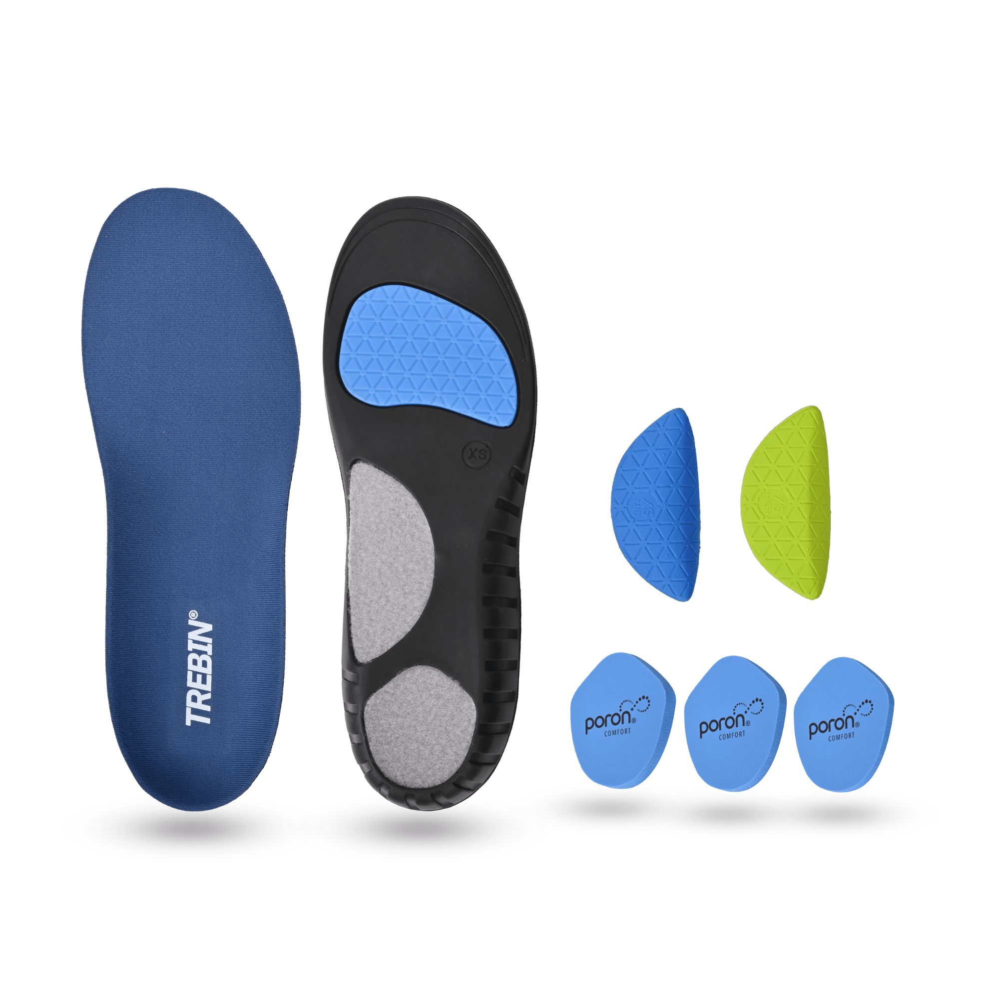 Semelles orthopédiques avec éléments d'amorti interchangeables bleus et verts.