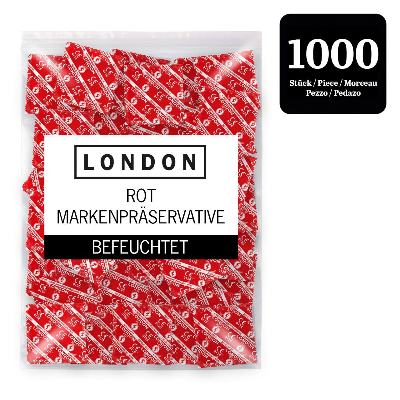 Verpakking met rode condooms. Opschrift: LONDON, ROT, MARKENPRÄSERVATIVE, BEFEUCHTET. Zwart vierkant met "1000 Stück".