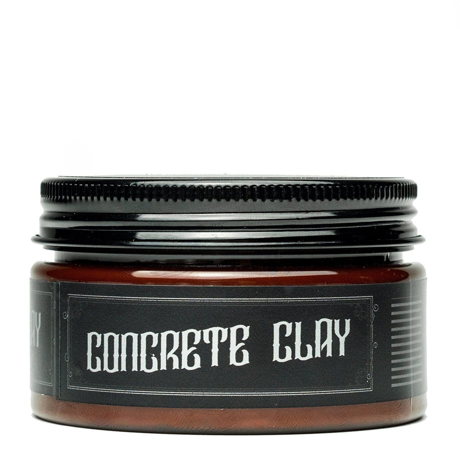 Bocal brun avec couvercle noir, étiqueté "CONCRETE CLAY".