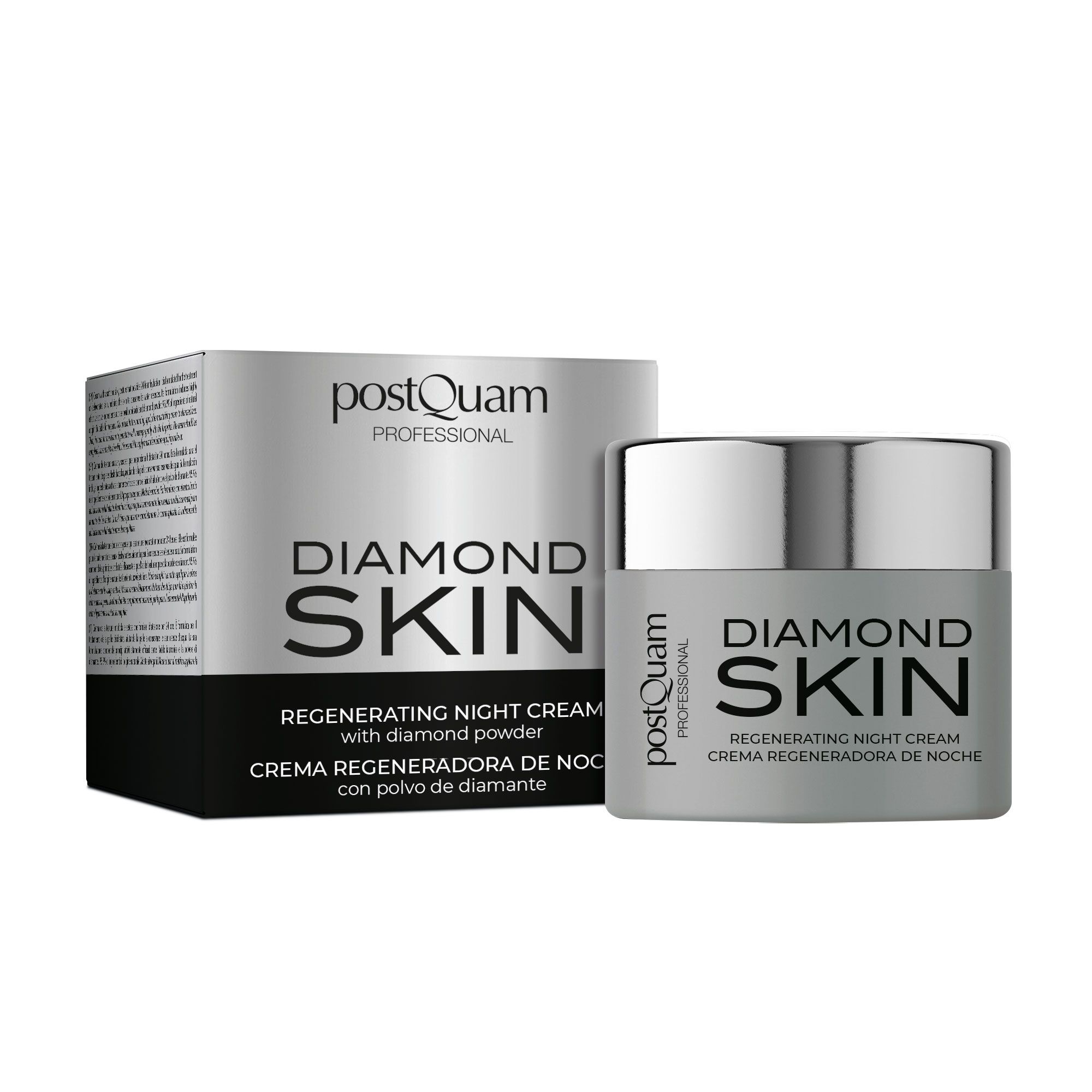 Pot et boîte de crème. Inscription: Diamond Skin, Regenerating Night Cream. Marque: postQuam Professional.