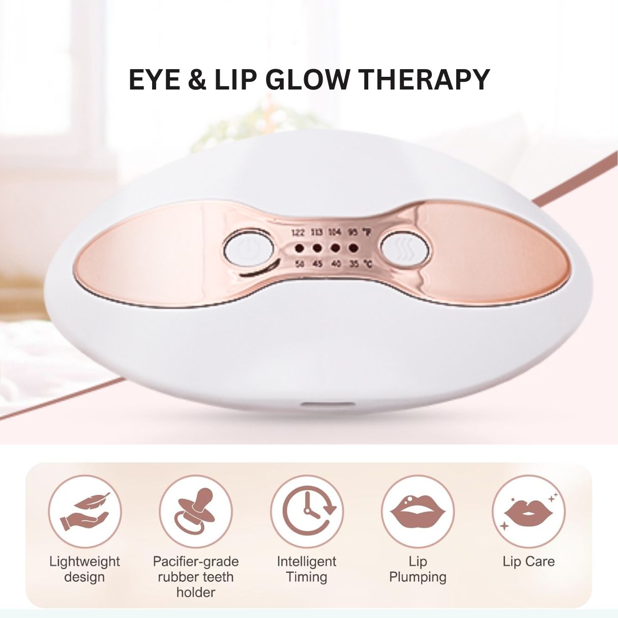 Apparaat met tekst 'EYE & LIP GLOW THERAPY' en iconen.