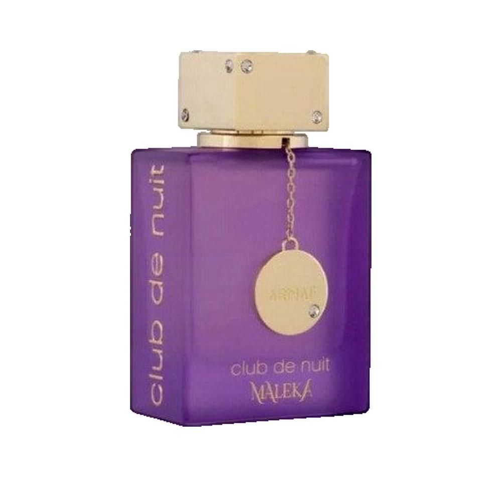 Flacon de parfum violet, bouchon doré. Inscription: Club de Nuit Maleka. Pendentif avec logo. Forme carrée.