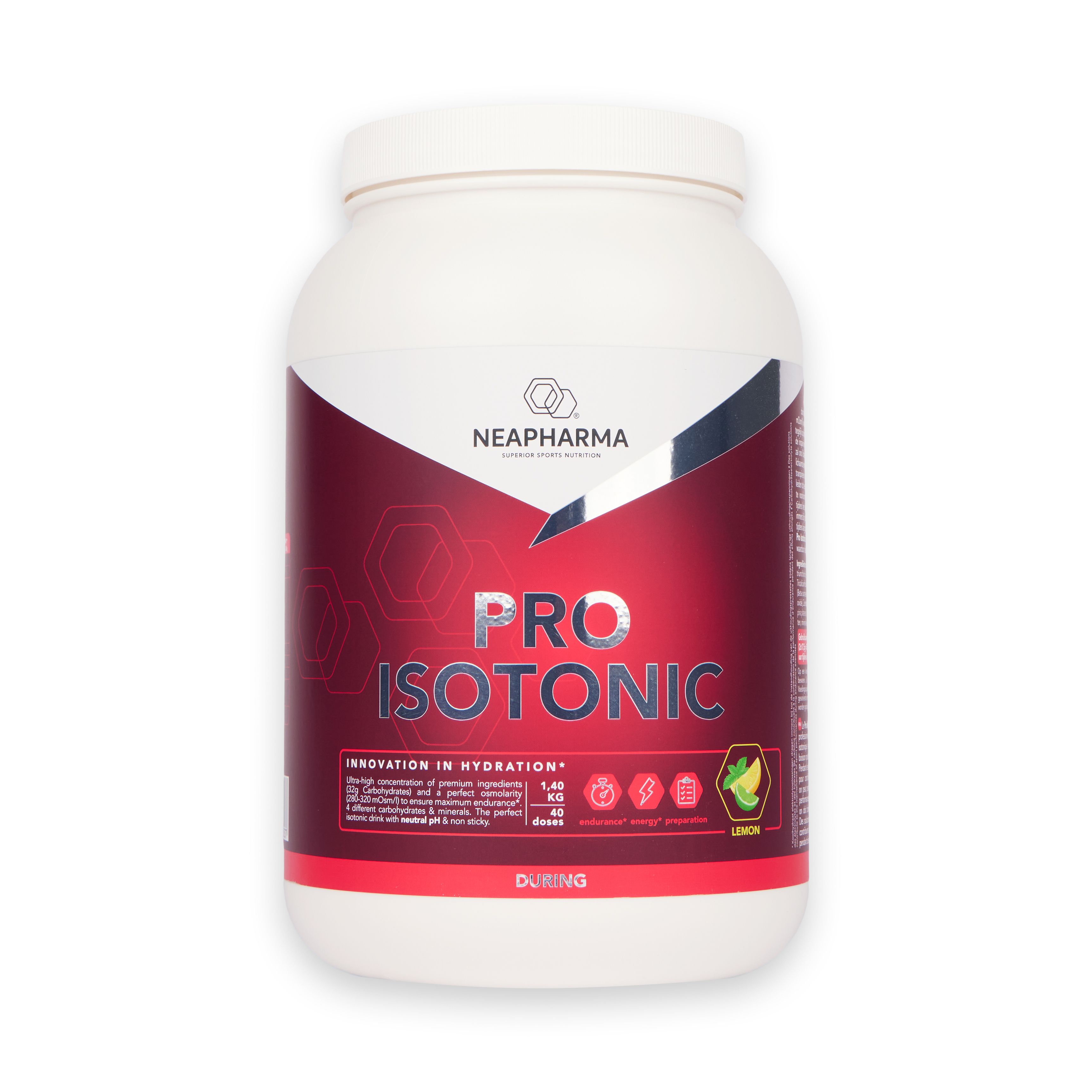 Récipient blanc avec étiquette rouge. Inscription : Pro Isotonic. Marque : Neapharma. Avec logo et informations produit.