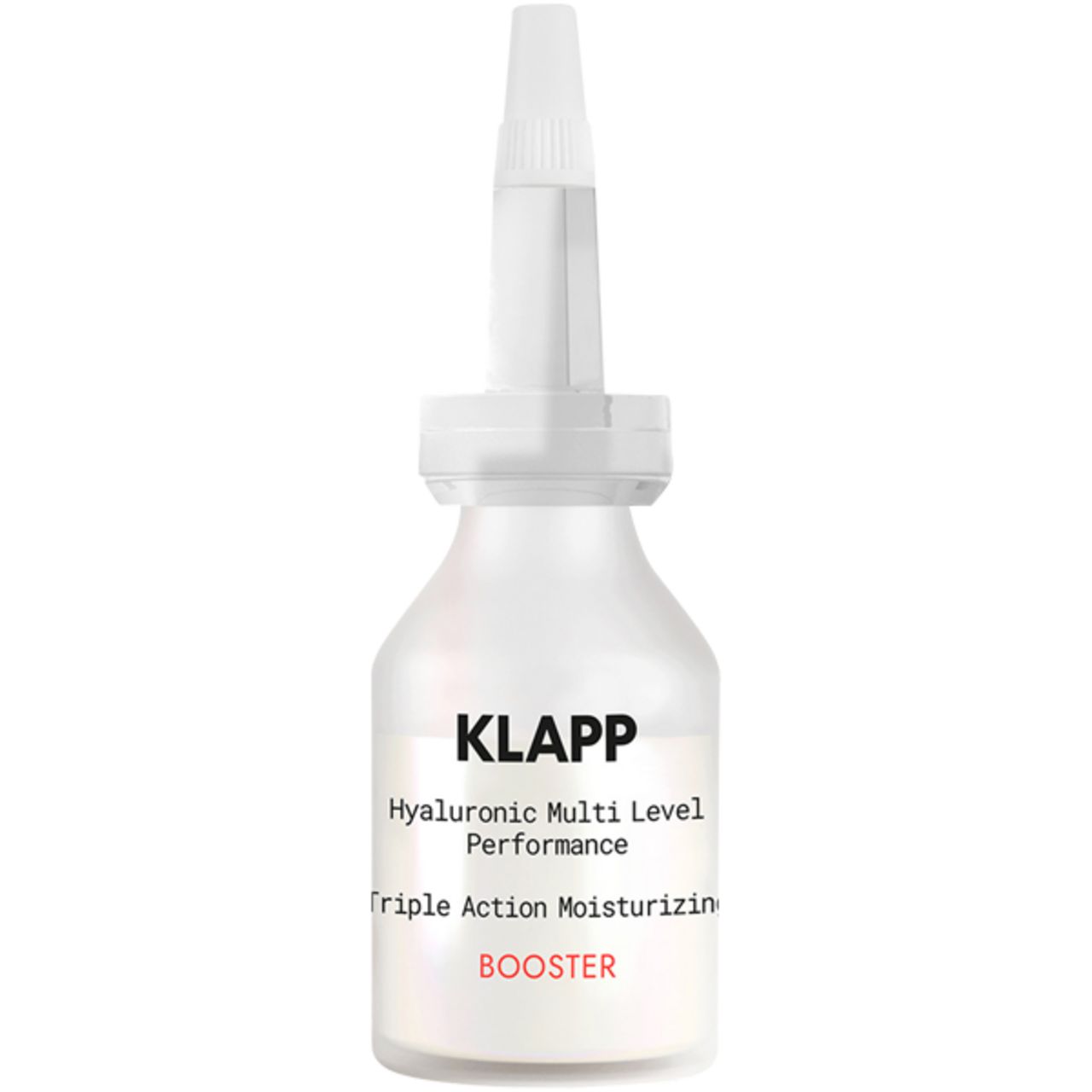 Transparante flacon met witte dop en applicator. Opschrift: Klapp, Hyaluronic Multi Level Performance Booster.