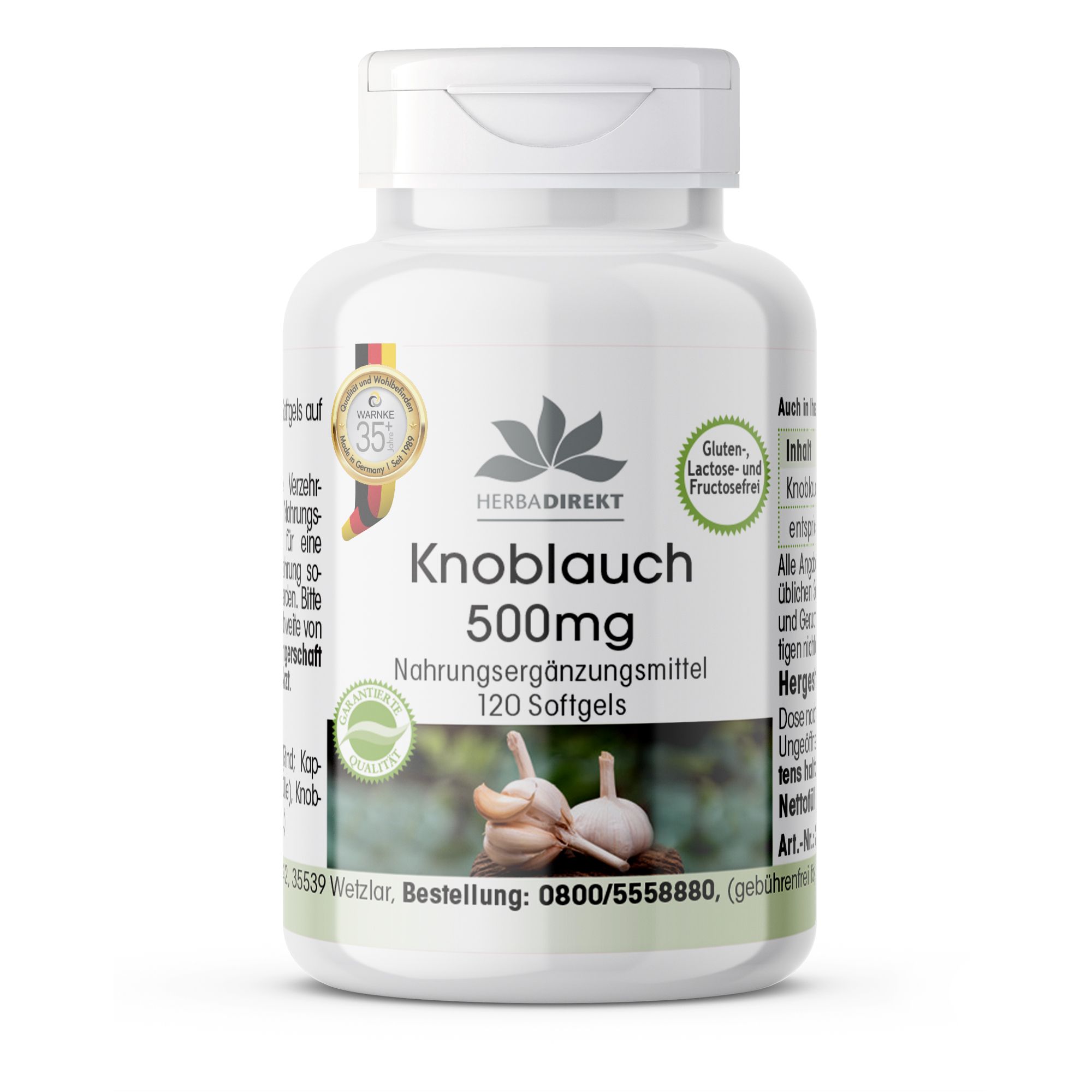 Witte fles Knoblauch 500mg voedingssupplement. 120 softgels. Herbadirekt logo. Gluten-, lactose- en fructosevrij.