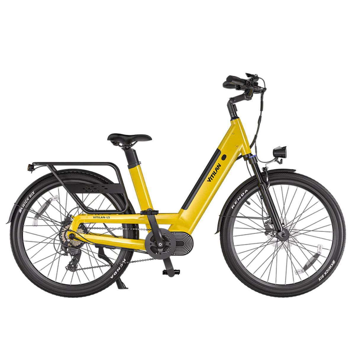 Vélo électrique Vitilan L5 jaune. Pneus noirs, porte-bagages, phare. Inscription Kenda sur les pneus.