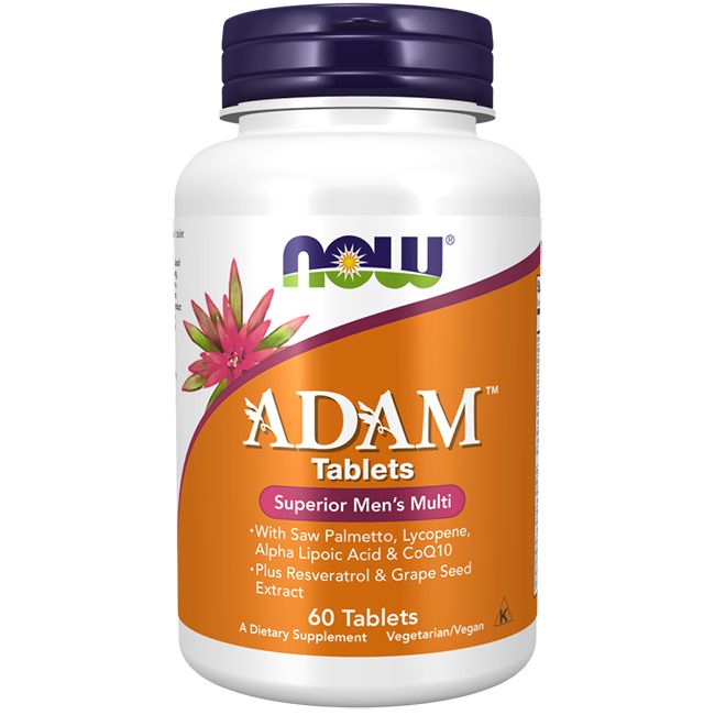 Flacon ADAM Tablets, Superior Men's Multi. 60 comprimés. Étiquette orange, couvercle violet. Contient Saw Palmetto, Lycopène, CoQ10.