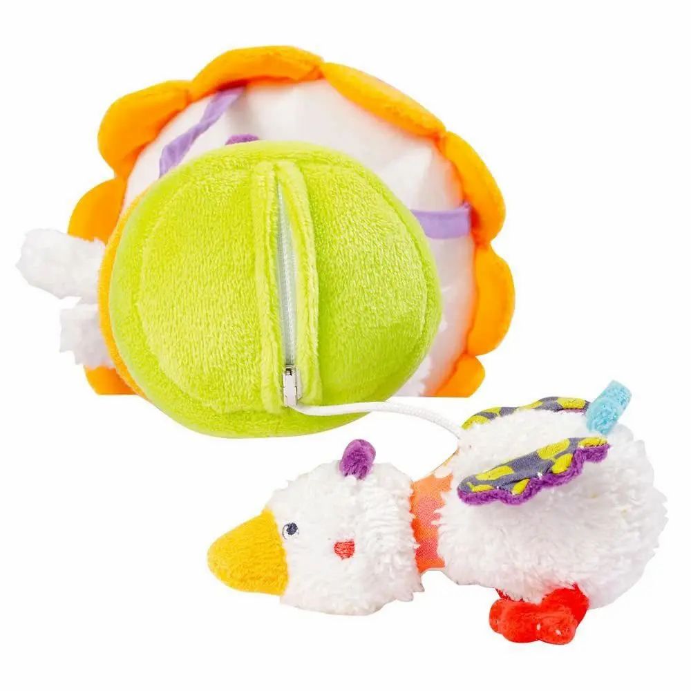 Peluche souris avec fermeture éclair. Cercle vert avec fermeture éclair, souris blanche avec ailes et pied rouge.