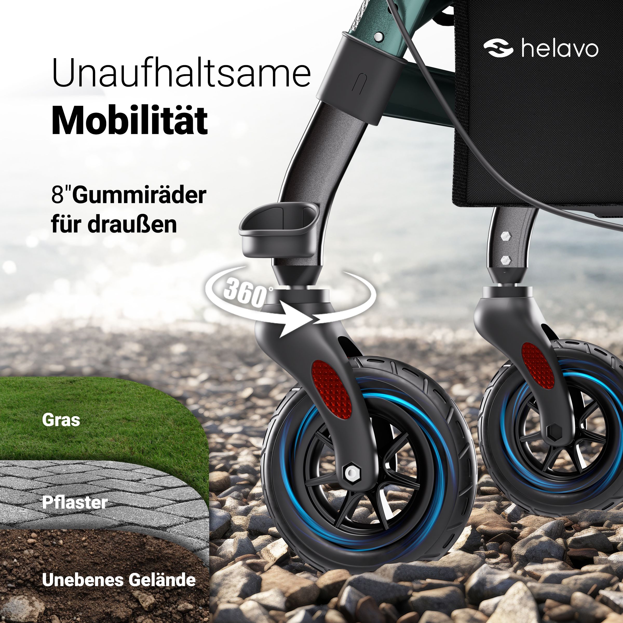 Rollator met 8-inch rubberen wielen voor diverse ondergronden.