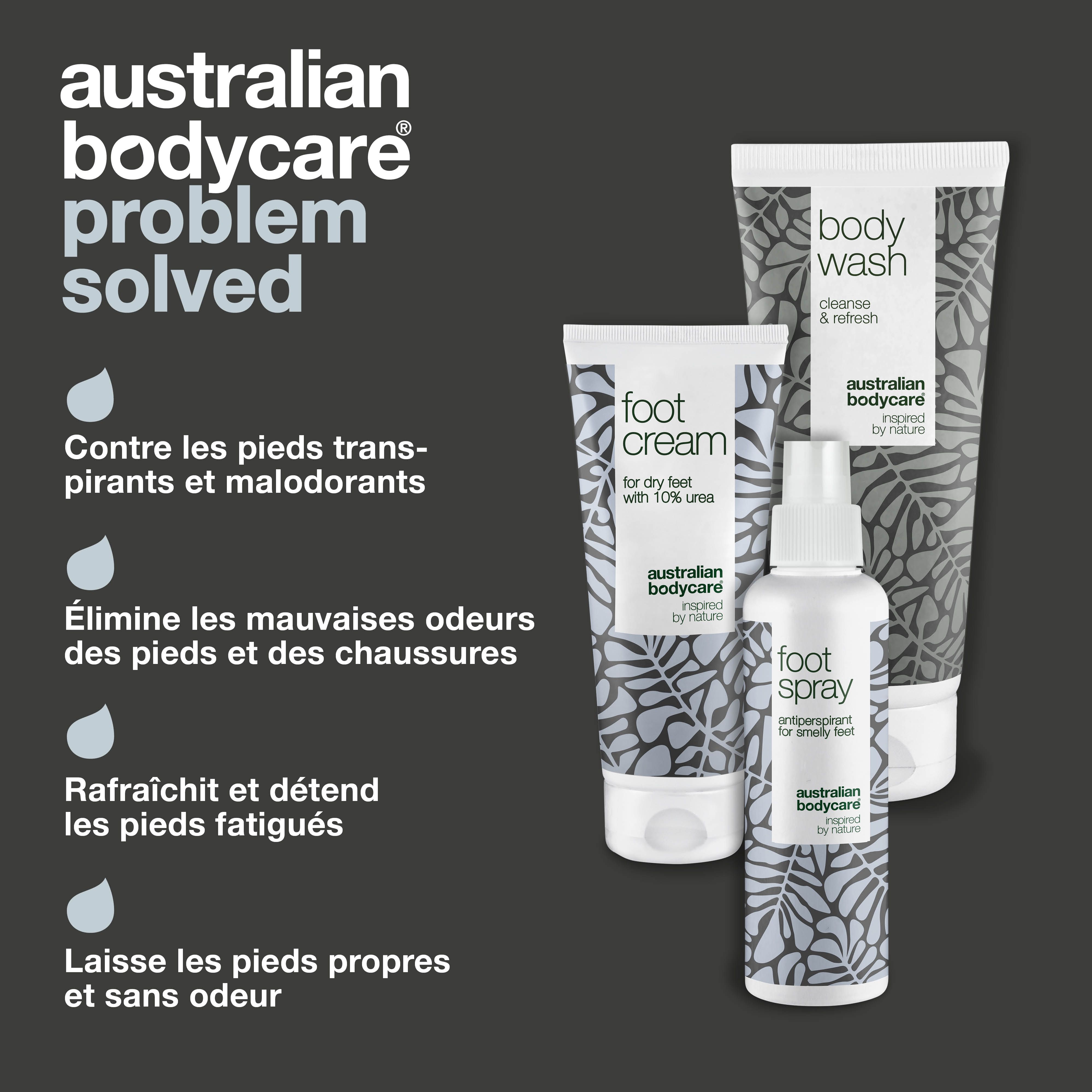 Trois produits : gel douche, crème pour les pieds, spray pour les pieds. Texte : Australian Bodycare, problème résolu. Fond gris.