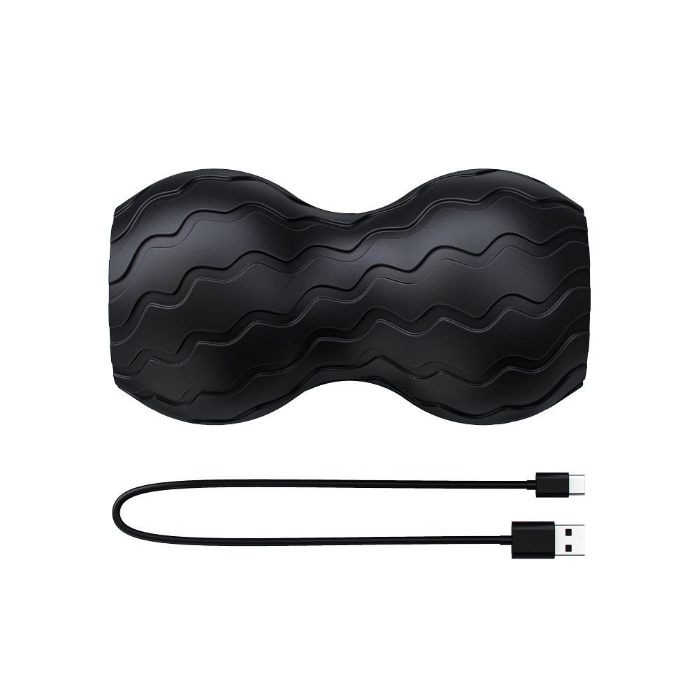 Zwarte Wave Duo vibratiemassagebal met USB-C-oplaadkabel. Golfvormig oppervlak. Geen andere details zichtbaar.