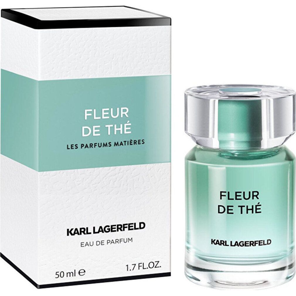 Parfumfles en verpakking. Fles: turquoise, transparant. Verpakking: wit, turquoise. Opschrift: FLEUR DE THÉ, KARL LAGERFELD.