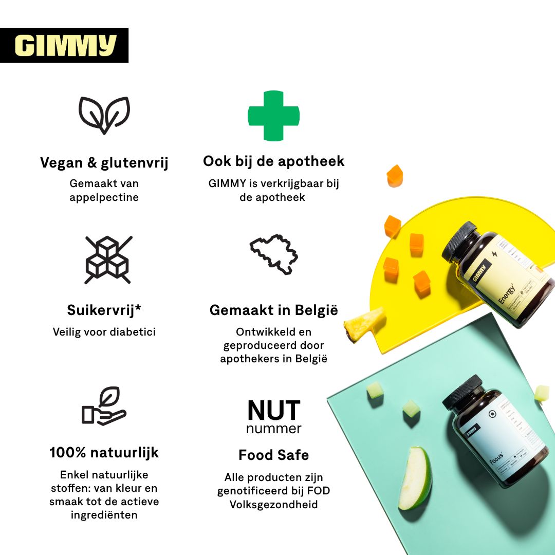 Twee flessen met zwarte doppen. Eén met geel etiket, "Energy", de andere met wit etiket, "Focus". Logo's en tekst.