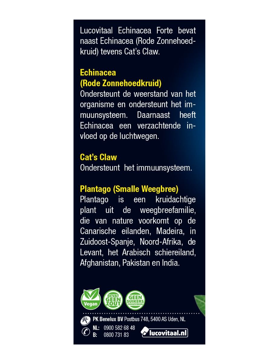 Tekst op de productverpakking. Bevat informatie over echinacea, kattenklauw en weegbree. Tekst in het Nederlands.