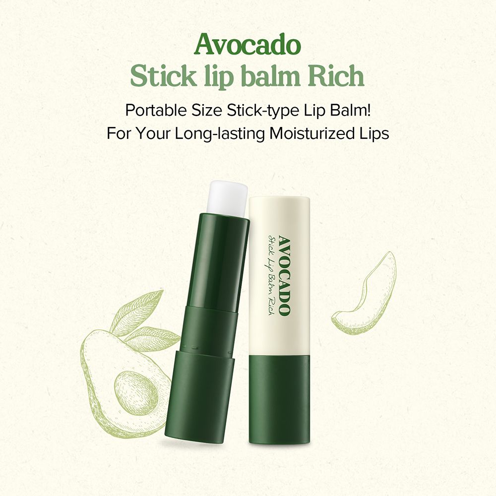 Twee lipbalm-sticks, één geopend. Opschrift: Avocado Stick Lip Balm Rich. Tekening van een avocado.