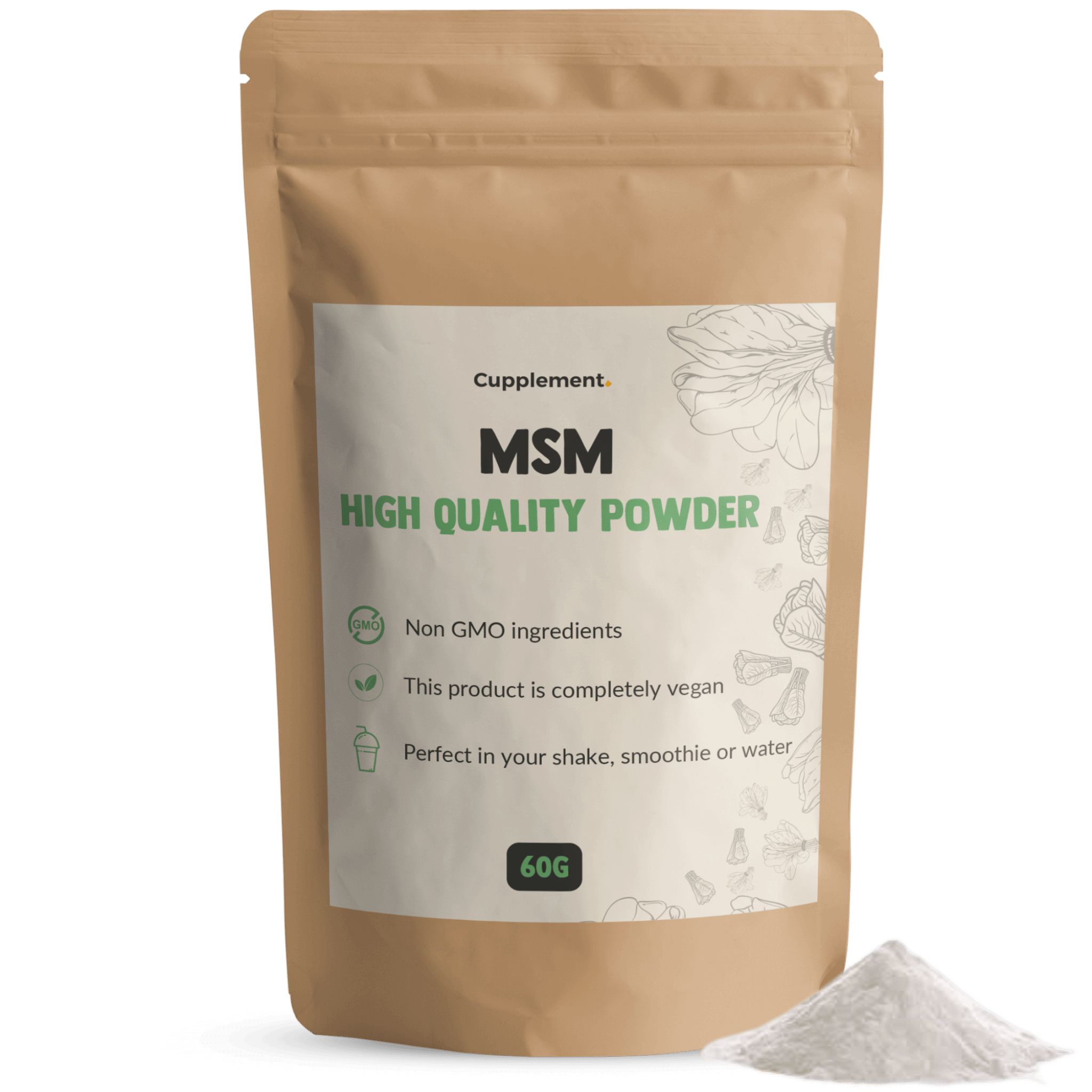 Sachet de poudre MSM. Inscription : MSM, High Quality Powder. 60g. Végétalien, sans OGM.