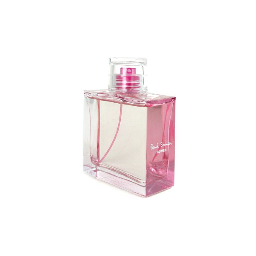 Flacon rectangulaire en verre avec liquide rose et vaporisateur. Inscription rose: Paul Smith Women.