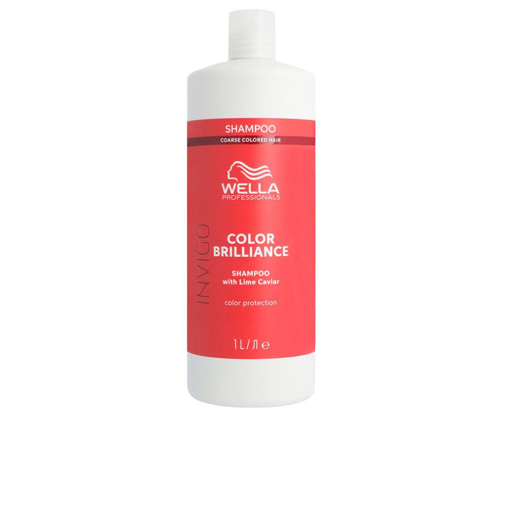 Flacon de shampooing blanc avec étiquette rouge. Texte: Wella Professionals, Invigo, Color Brilliance, Shampoo with Lime Caviar. 1L.