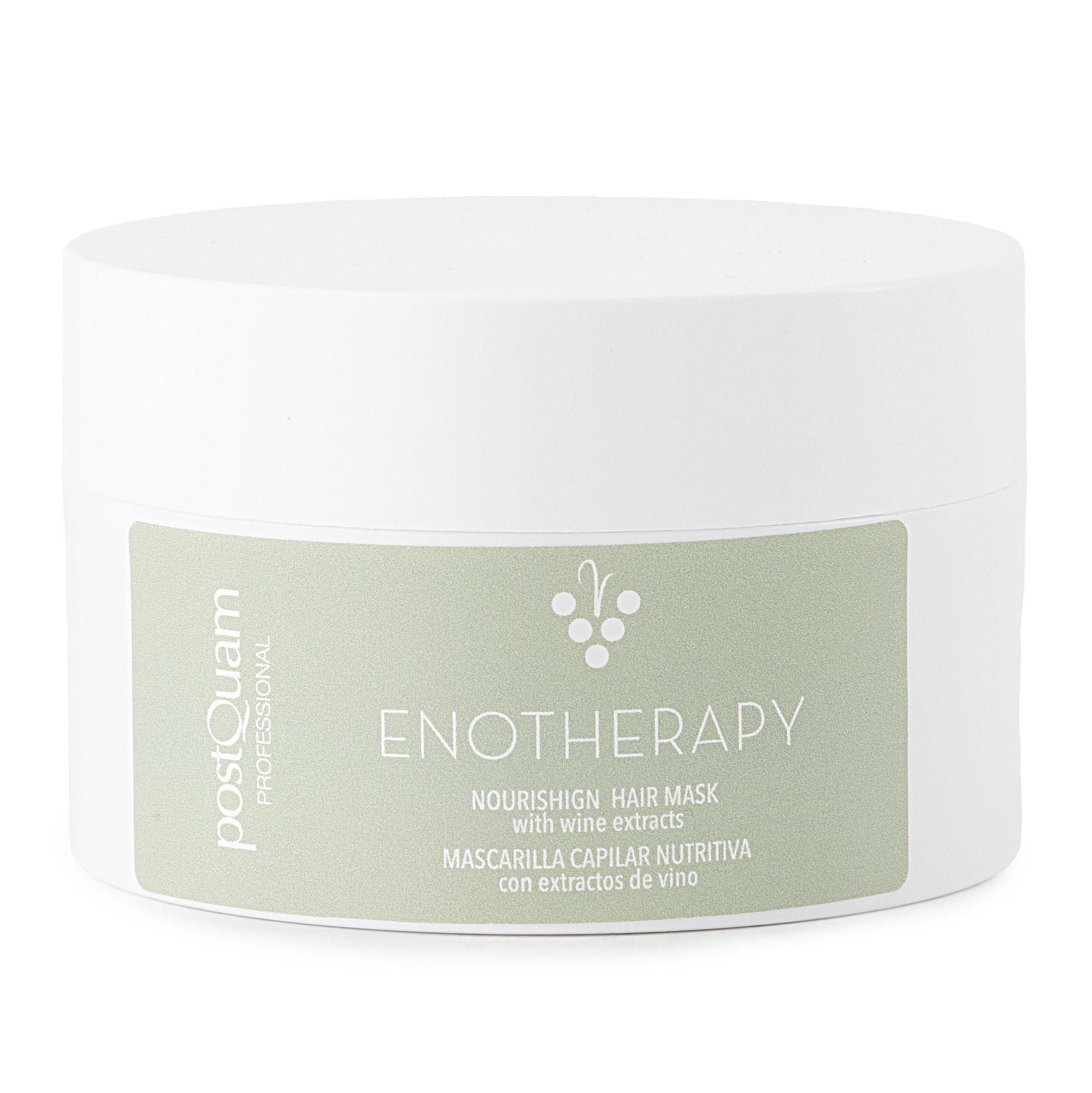 Pot blanc avec masque capillaire. Inscription : Postquam, Enotherapy, Nourishing Hair Mask.