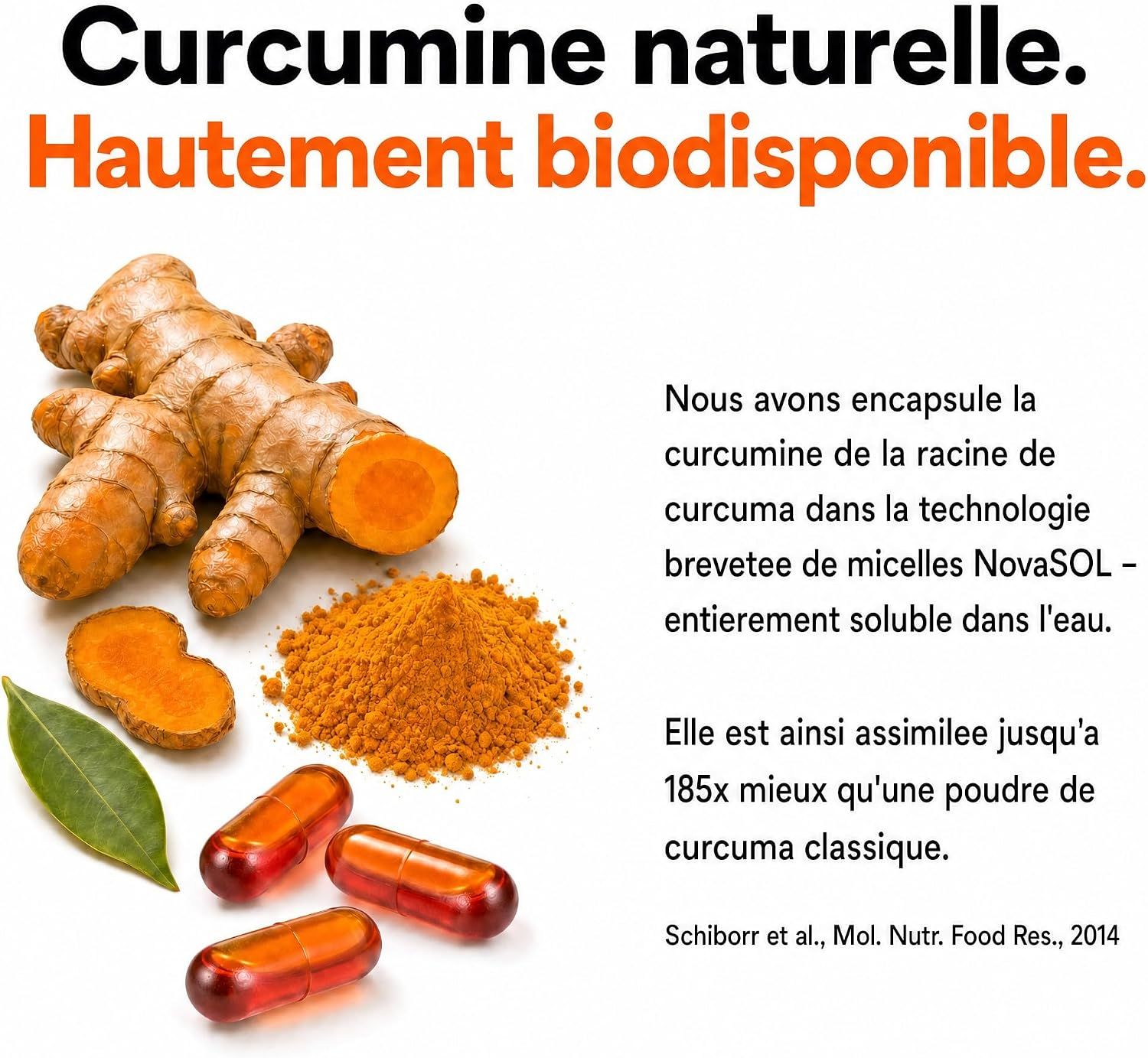 Racine de curcuma, poudre et trois gélules d'extrait de curcuma.