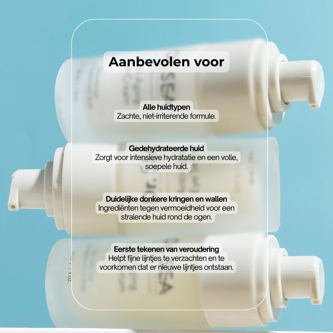 Drie oogserumflessen met tekst. Tekst: Dr. SEA, Anti-Aging Eye Serum. Aanbevolen voor: alle huidtypen, gedehydrateerde huid, donkere kringen.