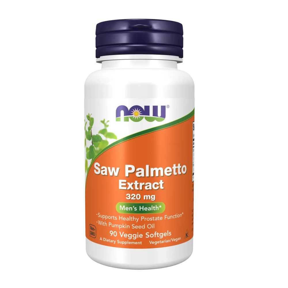 Witte fles met blauwe dop. Oranje etiket met productinformatie. Opschrift: Saw Palmetto Extract 320 mg. 90 veggie softgels.