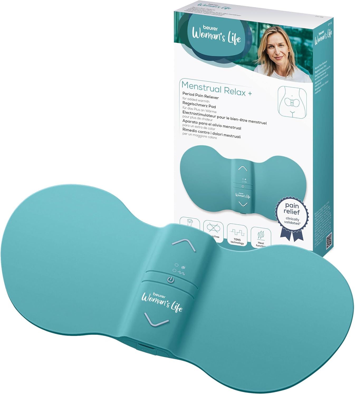 Turquoise apparaat en verpakking. Tekst: Menstrual Relax+. Pijnverlichting, klinisch gevalideerd.