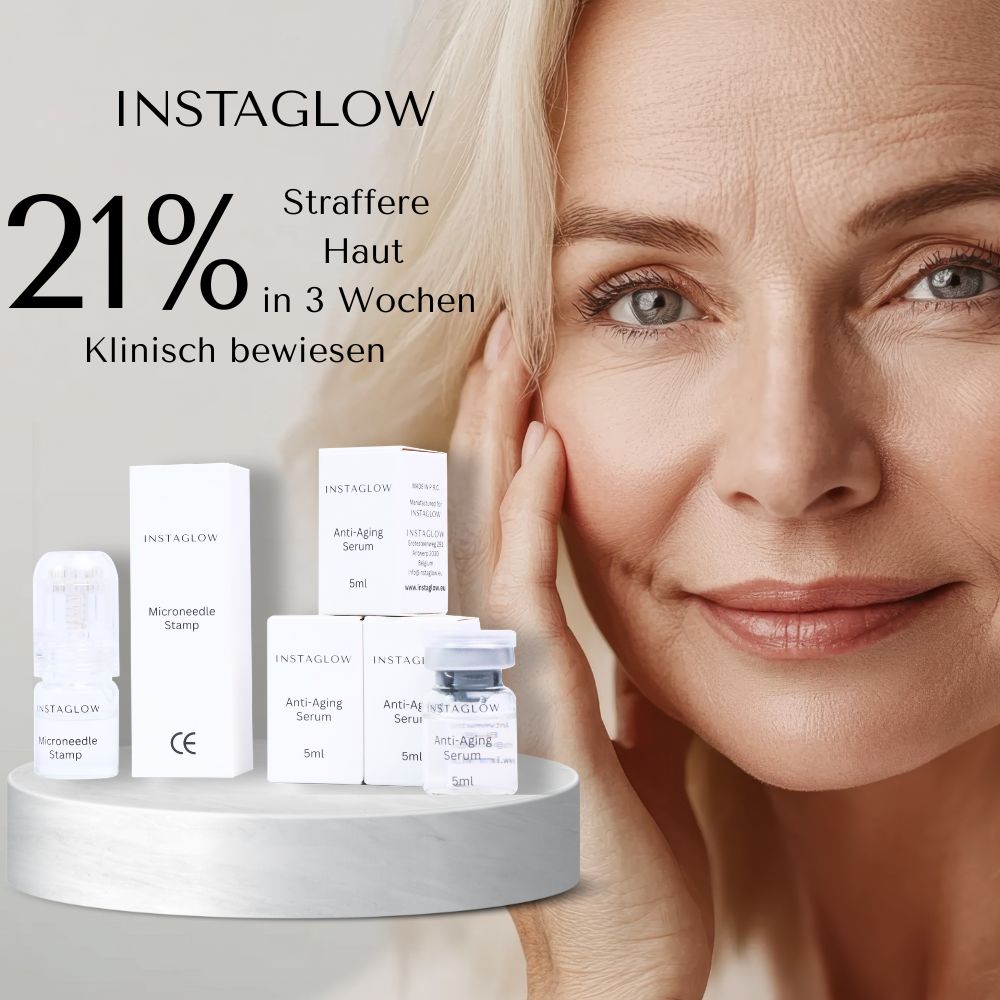 Femme avec peau. Kit d'infusion anti-âge Instaglow Microneedling. Produits et texte: 21% de peau plus ferme en 3 semaines.