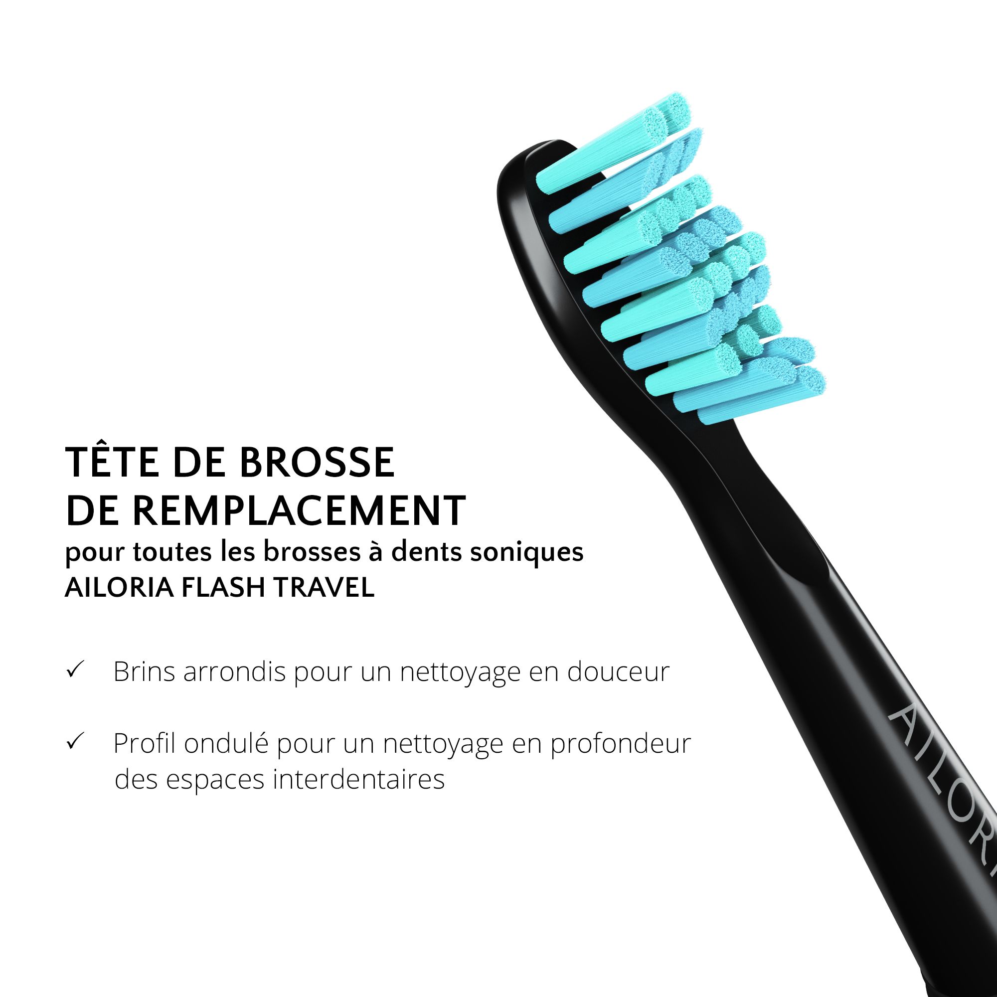 Gros plan d'une tête de brosse de remplacement noire avec des soies turquoise. Texte: Tête de brosse de remplacement pour AILORIA FLASH TRAVEL.