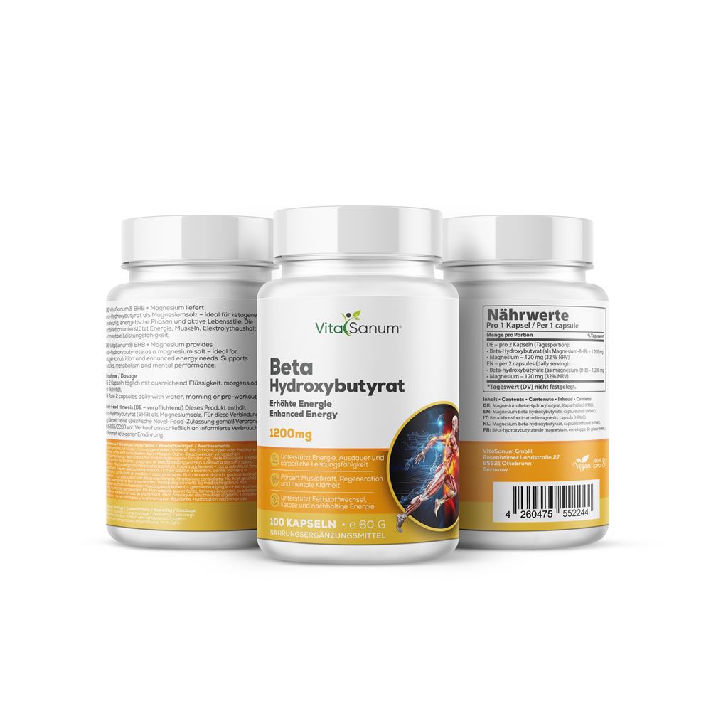 Drie witte flessen VitaSanum Beta-Hydroxybutyrat. Opschrift: 1200mg, 200 capsules. Gele etiketten met tekst. Vegan-zegel.