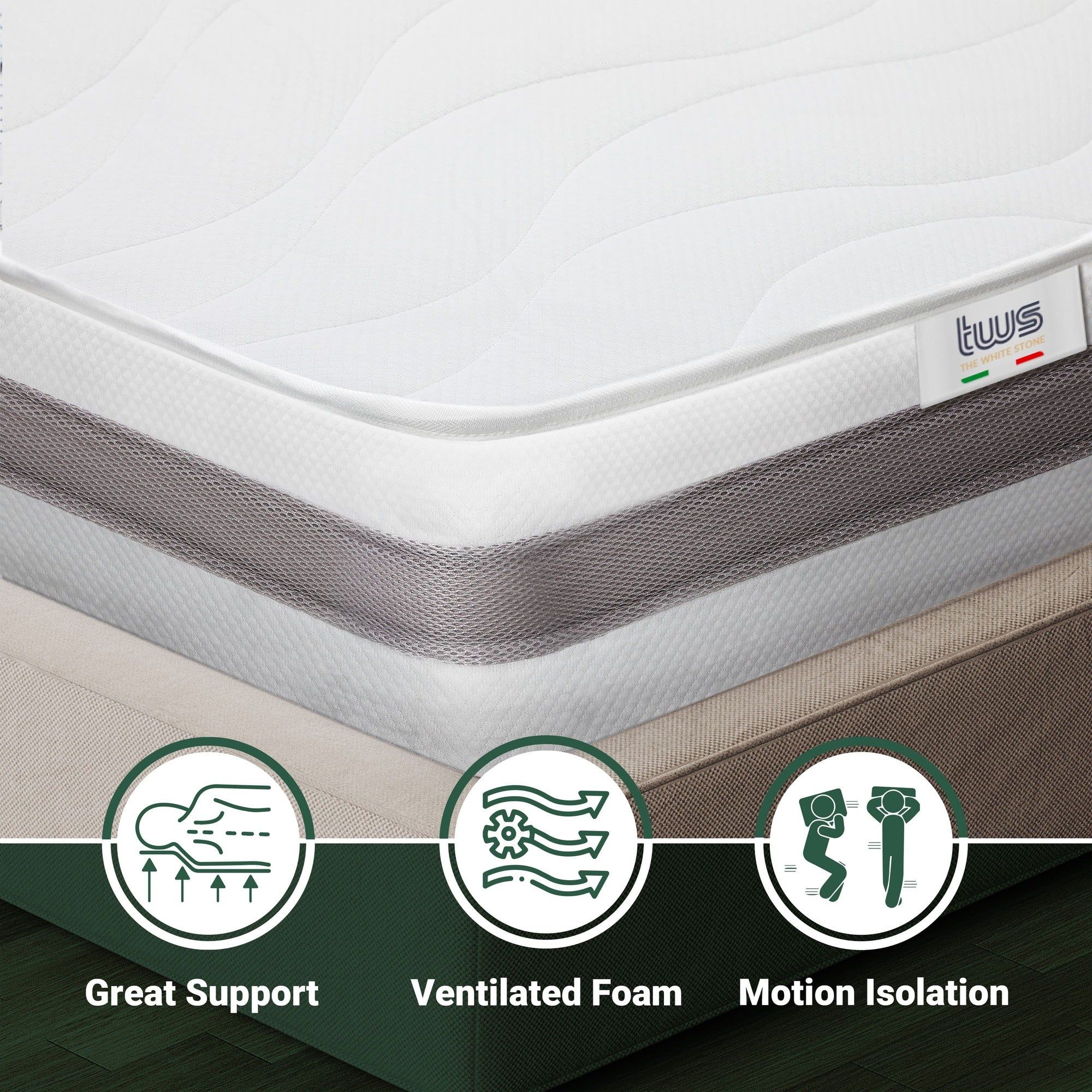 The White Stone Matras 80x200 cm Antibacterieel Schuim | Hoogte 16 cm | 3D Air Hypoallergeen Hoes