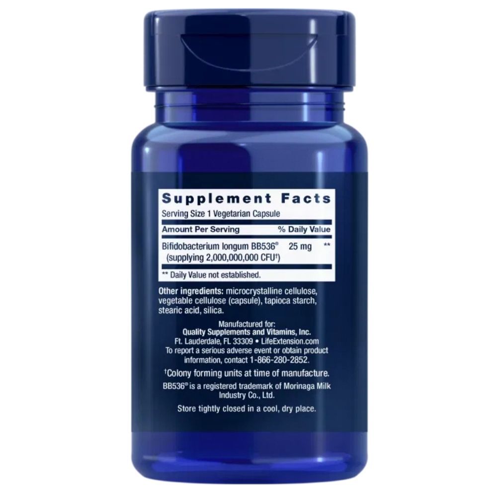 Arrière d'un flacon bleu foncé avec "Supplement Facts" et liste des ingrédients pour "Bifido GI Balance".