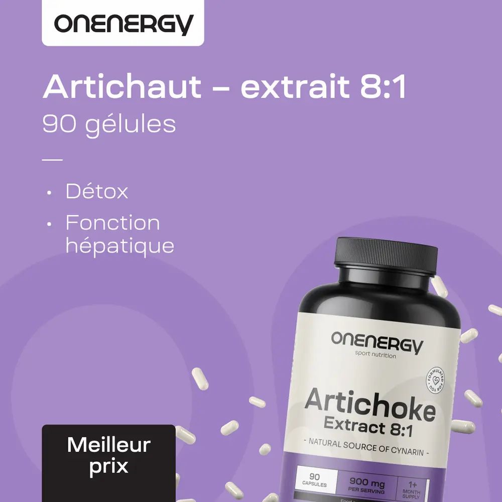 Bouteille d'OnEnergy Artichaut Extrait 8:1, 90 gélules, avec points sur Détox et fonction hépatique.