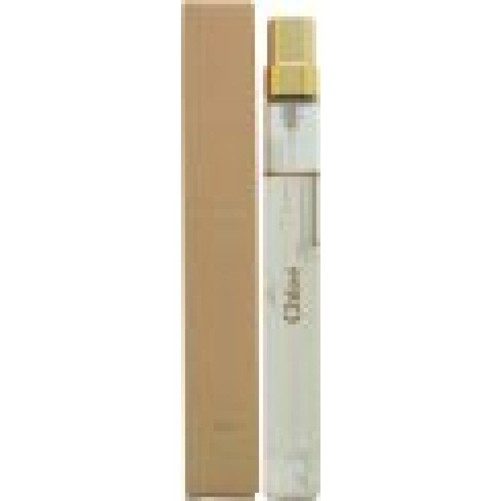 Nomade Eau de Parfum flacon met verpakking. Slanke, cilindrische flacon naast rechthoekige verpakking. Gouden dop.