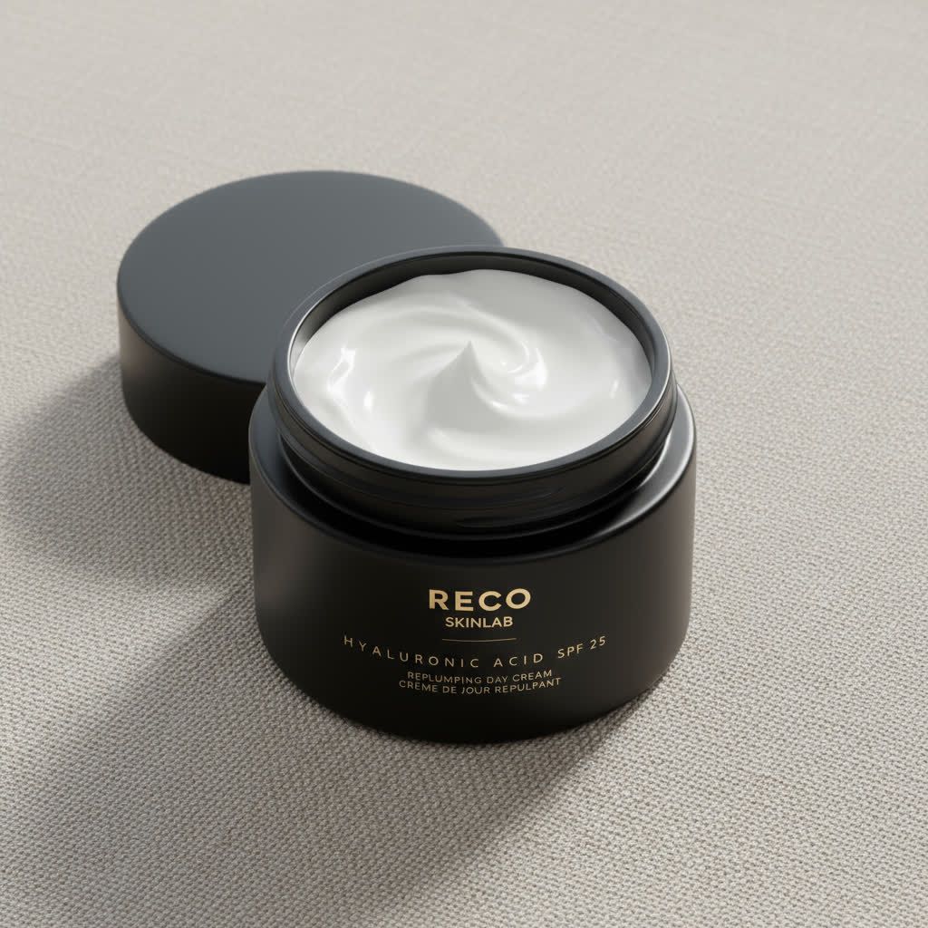 Open zwarte pot met witte crème. Opschrift: RECO SKINLAB, HYALURONIC ACID SPF 25, REPLUMPING DAY CREAM, CREME DE JOUR REPULPANT.
